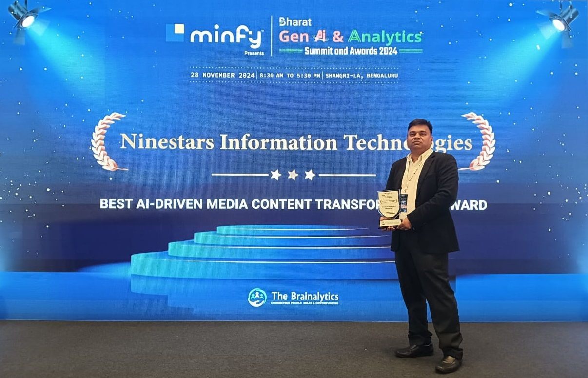 Prashant Akhawat holding the &lsquo;Best AI-Driven Media Content Transformation&rsquo; award for Ninestars at the Bharat Gen AI & Analytics Summit & Awards 2024, Bengaluru.