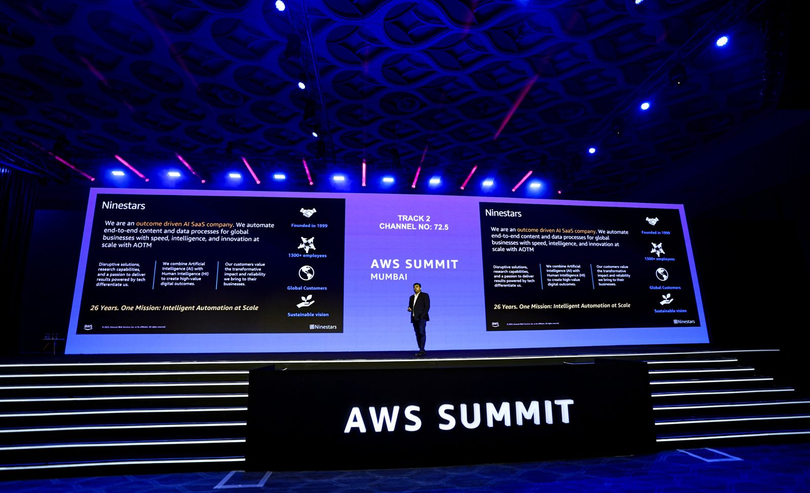 Ninestars &lsquo;outcome-driven AI SaaS&rsquo; overview slide with the AWS Summit Mumbai stage front.